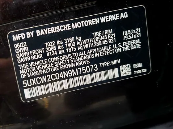 2022 BMW X7 VIN 5UXCW2C04N9M75073 - photo 9 of 9